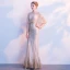 Sexy Gold Evening Dresses  2018 Trumpet / Mermaid Sequins Crystal Pierced Scoop Neck 1/2 Sleeves Floor-Length / Long Formal Dresses