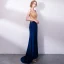 Sexy Marineblau Abendkleider 2018 Mermaid Strass V-Ausschnitt Rückenfreies Ärmellos Sweep / Pinsel Zug Festliche Kleider