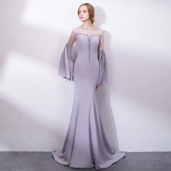 Amazing / Unique Grey Evening Dresses  2018 Trumpet / Mermaid Sequins Scoop Neck Long Sleeve Sweep Train Formal Dresses