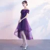 Chic / Beautiful Purple Cocktail Dresses 2017 A-Line / Princess Bow Appliques Crystal Off-The-Shoulder Backless Asymmetrical Formal Dresses