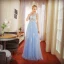 Chic / Beautiful Sky Blue Evening Dresses  2017 A-Line / Princess Lace Appliques Scoop Neck Sleeveless Floor-Length / Long Formal Dresses