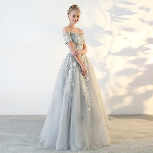 Chic / Beautiful Sage Green Prom Dresses 2018 A-Line / Princess Lace Flower Off-The-Shoulder Backless Short Sleeve Floor-Length / Long Formal Dresses