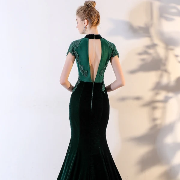 Chic / Beautiful Dark Green Evening Dresses 2018 Trumpet / Mermaid Lace Appliques Beading Crystal Scoop Neck Backless Short Sleeve Court Train Formal Dresses
