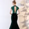 Chic / Beautiful Dark Green Evening Dresses  2018 Trumpet / Mermaid Lace Appliques Beading Crystal Scoop Neck Backless Short Sleeve Court Train Formal Dresses