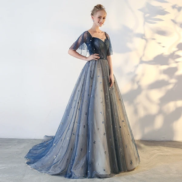 Elegant Prom Dresses 2018 A-Line / Princess Star Backless Square Neckline Short Sleeve Floor-Length / Long Formal Dresses
