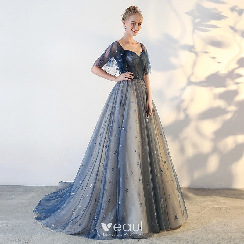 Elegant Prom Dresses 2018 A Line Princess Star Backless Square Neckline Short Sleeve Floor Length Long Formal Dresses