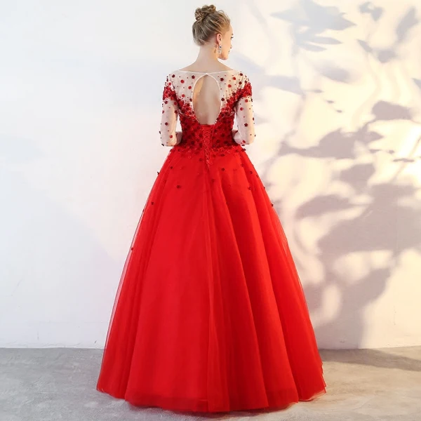 Schöne Rot Ballkleider 2018 Ballkleid Mit Spitze Applikationen Pailletten Rundhalsausschnitt Rückenfreies Lange Ärmel Lange Festliche Kleider