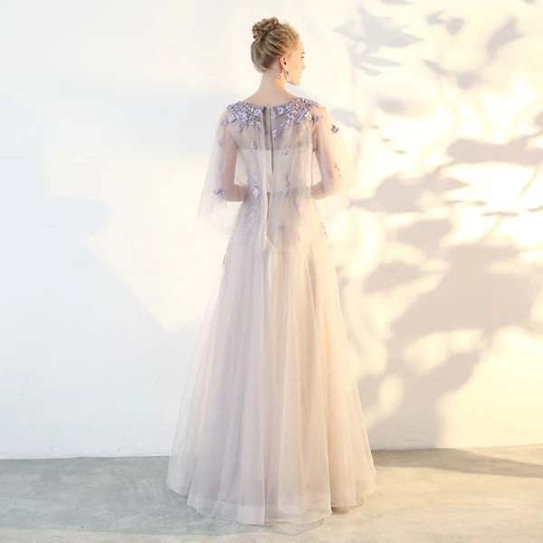 Chic / Beautiful Lavender Prom Dresses 2018 A-Line / Princess Lace Appliques V-Neck 1/2 Sleeves Floor-Length / Long Formal Dresses