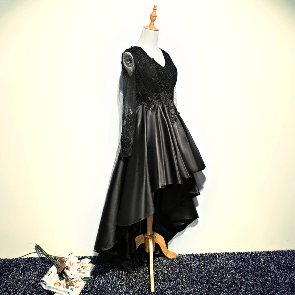 Chic / Belle Noir Robe De Cocktail 2017 Princesse En Dentelle Cristal Perlage V-Cou Dos Nu Asymétrique Robe De Ceremonie