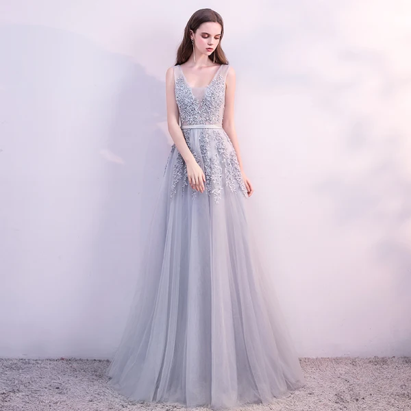 Chic / Belle Gris Robe De Soirée 2018 Princesse Dentelle Fleur Perle Paillettes Ceinture U-Cou Sans Manches Dos Nu Longue Robe De Ceremonie