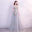 Chic / Belle Gris Robe De Soirée 2018 Princesse Dentelle Fleur Perle Paillettes Ceinture U-Cou Sans Manches Dos Nu Longue Robe De Ceremonie