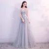 Chic / Beautiful Grey Evening Dresses  2018 A-Line / Princess Lace Flower Pearl Sequins Sash U-Neck Sleeveless Backless Floor-Length / Long Formal Dresses
