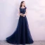 Chic / Belle Bleu Marine Robe De Soirée 2018 Princesse En Dentelle Fleur Perlage Cristal Paillettes Encolure Dégagée Dos Nu Sans Manches Train De Balayage Robe De Ceremonie