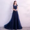 Chic / Beautiful Navy Blue Evening Dresses  2018 A-Line / Princess Lace Flower Beading Crystal Sequins Scoop Neck Backless Sleeveless Sweep Train Formal Dresses