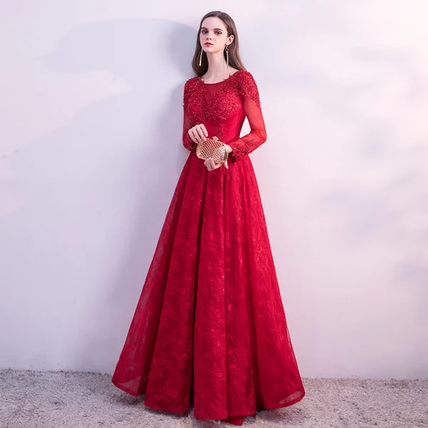 Chic / Belle Rouge Robe De Bal 2018 Princesse En Dentelle Fleur Perlage Cristal Paillettes Encolure Dégagée Dos Nu Manches Longues Longueur Cheville Robe De Ceremonie