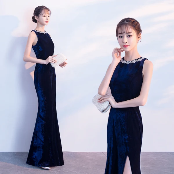 Sexy Navy Blue Evening Dresses 2018 Trumpet / Mermaid Rhinestone Scoop Neck Sleeveless Floor-Length / Long Formal Dresses