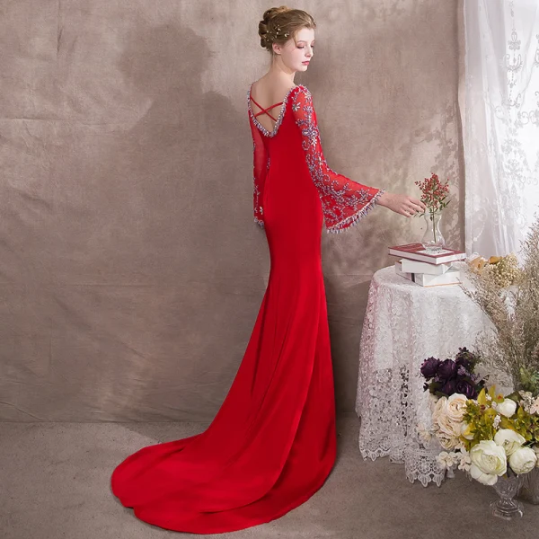 Luxury / Gorgeous Red Evening Dresses 2018 Trumpet / Mermaid Beading V-Neck Backless Long Sleeve Court Train Formal Dresses
