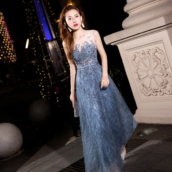 Scintillantes Océan Bleu Robe De Soirée 2018 Princesse Appliques En Dentelle Fleur Perlage Perle Paillettes Ceinture Encolure Dégagée Dos Nu Sans Manches Longue Robe De Ceremonie