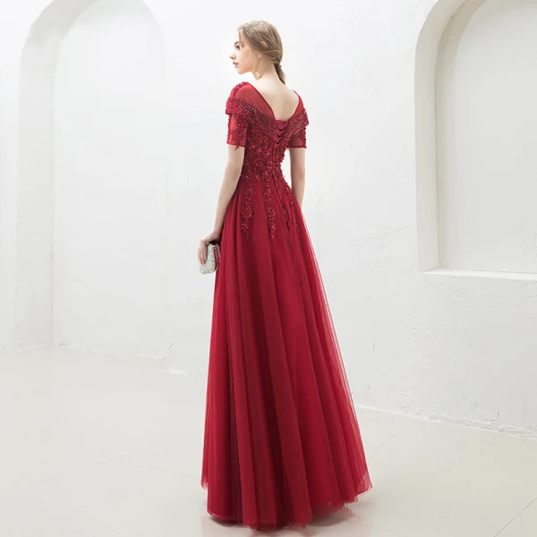 Charming Burgundy Evening Dresses  2018 A-Line / Princess Scoop Neck Beading Crystal Lace Flower Short Sleeve Sequins Backless Floor-Length / Long Formal Dresses