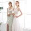 Modern / Fashion Ivory Evening Dresses  2018 A-Line / Princess Lace Flower Split Front V-Neck Backless Sleeveless Court Train Formal Dresses