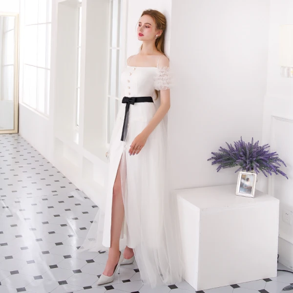 Modern / Fashion Ivory Formal Dresses 2018 A-Line / Princess Spaghetti Straps Backless Short Sleeve Ankle Length Evening Dresses