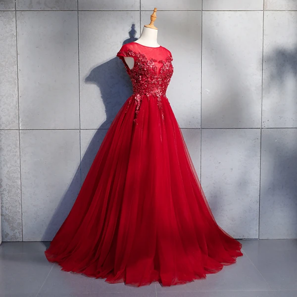 Chic / Beautiful Burgundy Evening Dresses 2018 A-Line / Princess Appliques Lace Flower Beading Crystal Sequins Scoop Neck Backless Cap Sleeves Floor-Length / Long Formal Dresses