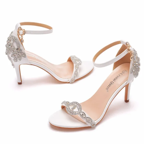 Charmant Sexy Weiß Strass Brautschuhe 2021 Knöchelriemen 8 cm Stilettos Peeptoes Hochzeit Hochhackige