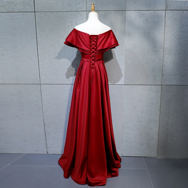 Modest / Simple Burgundy Evening Dresses 2018 A-Line / Princess Buttons Bow Off-The-Shoulder Backless Short Sleeve Floor-Length / Long Formal Dresses