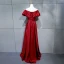 Modest / Simple Burgundy Evening Dresses  2018 A-Line / Princess Buttons Bow Off-The-Shoulder Backless Short Sleeve Floor-Length / Long Formal Dresses