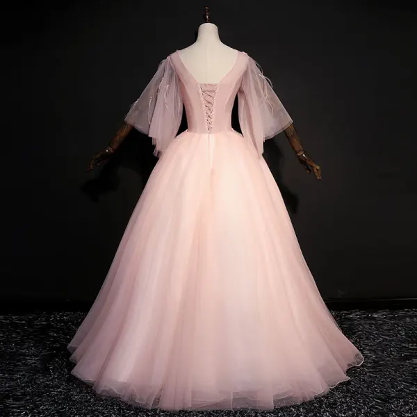 Elegant Pearl Pink Prom Dresses 2018 Ball Gown Lace Appliques Pearl Rhinestone Feather V-Neck Backless 1/2 Sleeves Floor-Length / Long Formal Dresses