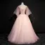Elegant Pearl Pink Prom Dresses 2018 Ball Gown Lace Appliques Pearl Rhinestone Feather V-Neck Backless 1/2 Sleeves Floor-Length / Long Formal Dresses