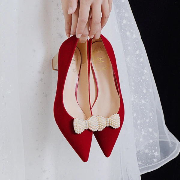 Elegant Red Pearl Bow Wedding Shoes 2021 5 cm Thick Heels Block Heels Pointed Toe Wedding Pumps High Heels