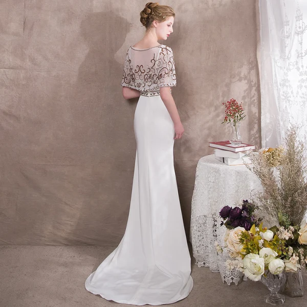 Elegant Ivory Evening Dresses  2018 Trumpet / Mermaid Beading Scoop Neck Sleeveless Court Train Formal Dresses