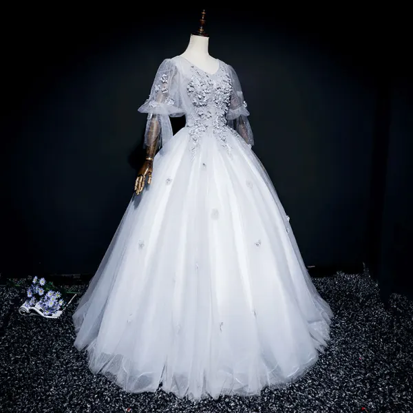 Elegant Grey Prom Dresses 2018 Ball Gown Lace Flower Appliques Pearl Scoop Neck Backless 1/2 Sleeves Floor-Length / Long Formal Dresses