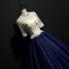 Elegant Navy Blue Prom Dresses 2018 Ball Gown Lace Appliques Scoop Neck Backless 1/2 Sleeves Floor-Length / Long Formal Dresses