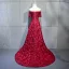 Charming Burgundy Evening Dresses  2018 A-Line / Princess Beading Crystal Lace Flower Rhinestone Off-The-Shoulder Backless Short Sleeve Court Train Formal Dresses