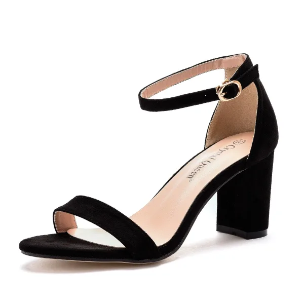 Schlicht Schwarz Strassenmode Sandalen Damen 2021 Knöchelriemen 7 cm Thick Heels Peeptoes Sandaletten Hochhackige