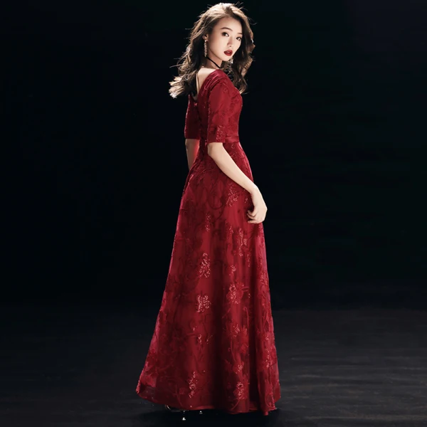 Chic / Beautiful Burgundy Evening Dresses  2018 A-Line / Princess Lace Sequins Sash V-Neck Backless 1/2 Sleeves Floor-Length / Long Formal Dresses