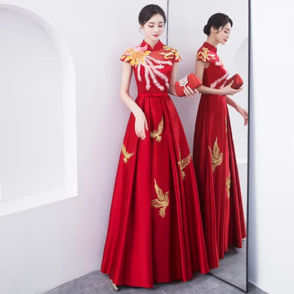 Chinese style Burgundy Evening Dresses 2018 A-Line / Princess Bow Embroidered High Neck Backless Cap Sleeves Floor-Length / Long Formal Dresses