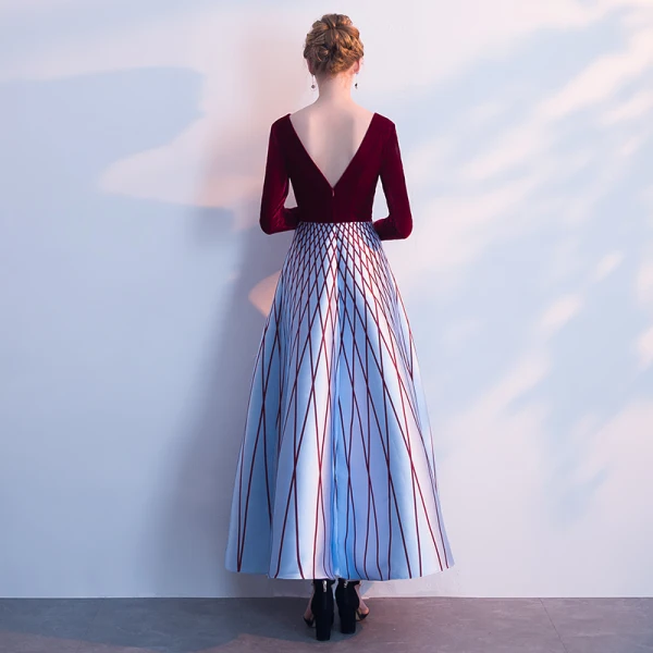 Chic / Belle Bordeaux Robe De Soirée 2018 Princesse Rayé V-Cou Manches Longues Longueur Cheville Robe De Ceremonie