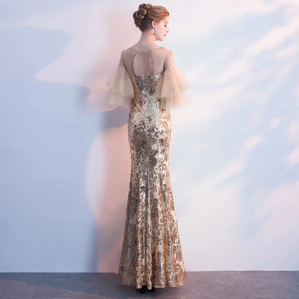 Sparkly Evening Dresses 2018 Trumpet / Mermaid Sequins Scoop Neck Backless 1/2 Sleeves Ankle Length Formal Dresses