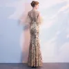 Sparkly Evening Dresses  2018 Trumpet / Mermaid Sequins Scoop Neck Backless 1/2 Sleeves Ankle Length Formal Dresses