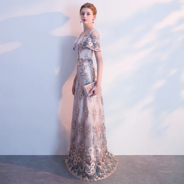 Chic / Beautiful Gold Evening Dresses  2018 Trumpet / Mermaid Sash Embroidered V-Neck Backless Short Sleeve Floor-Length / Long Formal Dresses