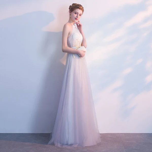 Chic / Beautiful Grey Evening Dresses 2018 A-Line / Princess Appliques Halter Backless Sleeveless Floor-Length / Long Formal Dresses