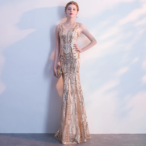 Glitzernden Gold Abendkleider 2018 Mermaid Pailletten V-Ausschnitt Rückenfreies Ärmellos Lange Festliche Kleider