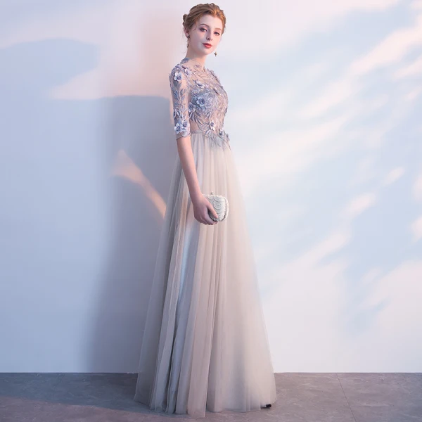 Elegant Evening Dresses 2018 Empire Lace Flower Appliques Pearl Scoop Neck Backless 1/2 Sleeves Floor-Length / Long Formal Dresses