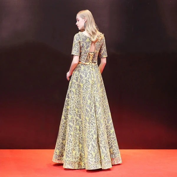 Chic / Belle 2 Pièces Robe De Soirée 2018 Princesse Ceinture Dentelle Encolure Dégagée Dos Nu Manches Courtes Longue Robe De Ceremonie