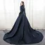 Chic / Belle Bleu Marine Robe De Soirée 2018 Princesse Perlage Paillettes Col Haut Manches Longues Chapel Train Robe De Ceremonie
