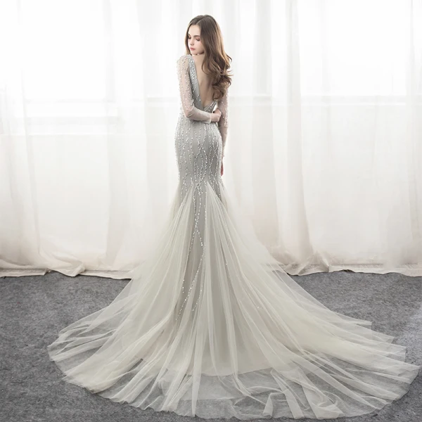 Luxury / Gorgeous Grey Evening Dresses  2018 Trumpet / Mermaid Beading Sequins V-Neck Backless Long Sleeve Chapel Train Formal Dresses