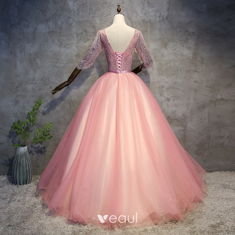 Chic Beautiful Pearl Pink Prom Dresses 2018 Ball Gown Appliques Pearl Sash V Neck Backless 3 4 Sleeve Floor Length Long Formal Dresses